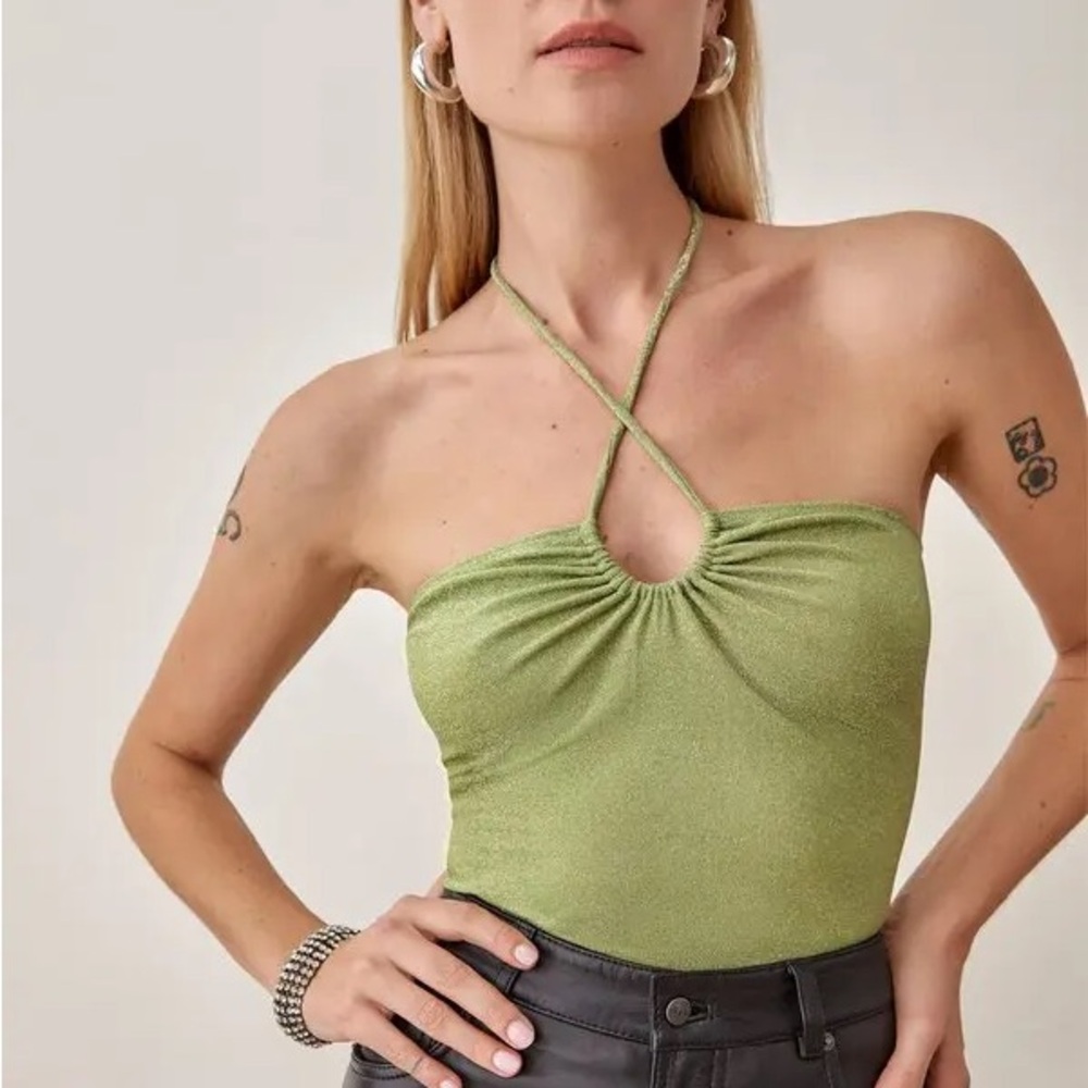 Reformation Green Anders Top— metallic knit halter top